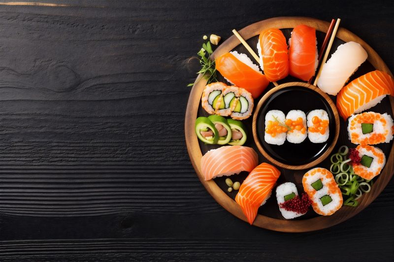 food japanese asian sushi rice fresh seafood healthy fish roll. Generative AI.