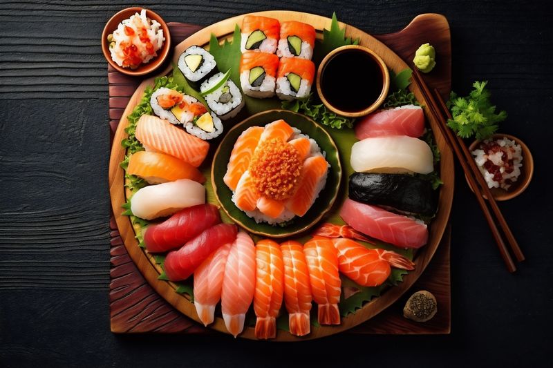 roll rice asian healthy sushi seafood fish fresh japanese food. Generative AI.