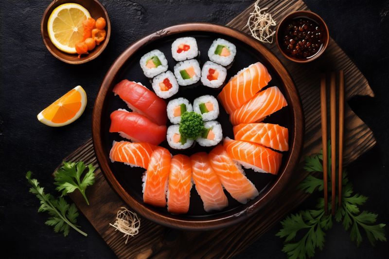 seafood healthy japanese rice sushi fish food roll fresh asian. Generative AI.