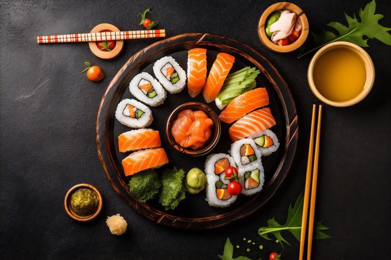 japanese asian fish food sushi fresh rice healthy seafood roll. Generative AI.