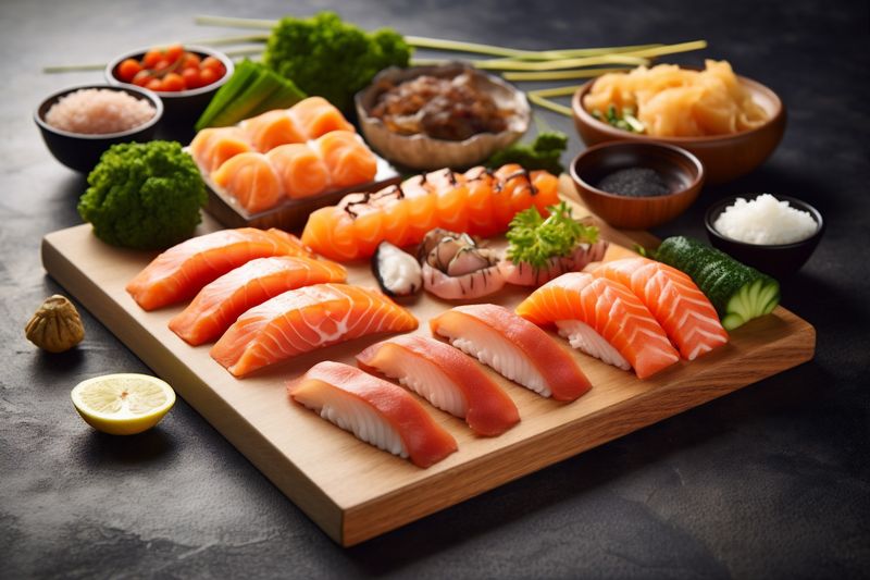seafood japanese food asian rice fresh roll sushi healthy fish. Generative AI.
