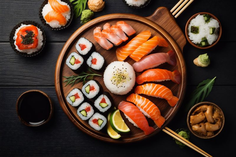 food rice japanese healthy sushi roll fresh seafood asian fish. Generative AI.