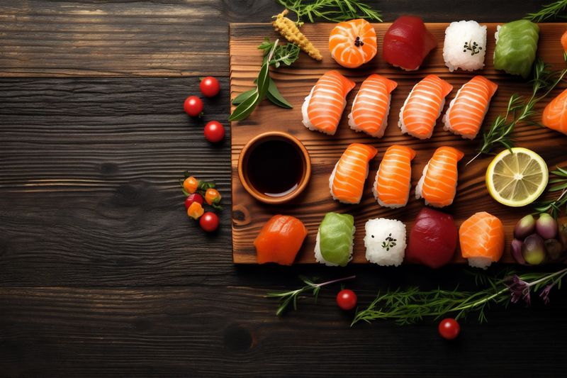 fish healthy food asian seafood roll fresh japanese sushi rice. Generative AI.