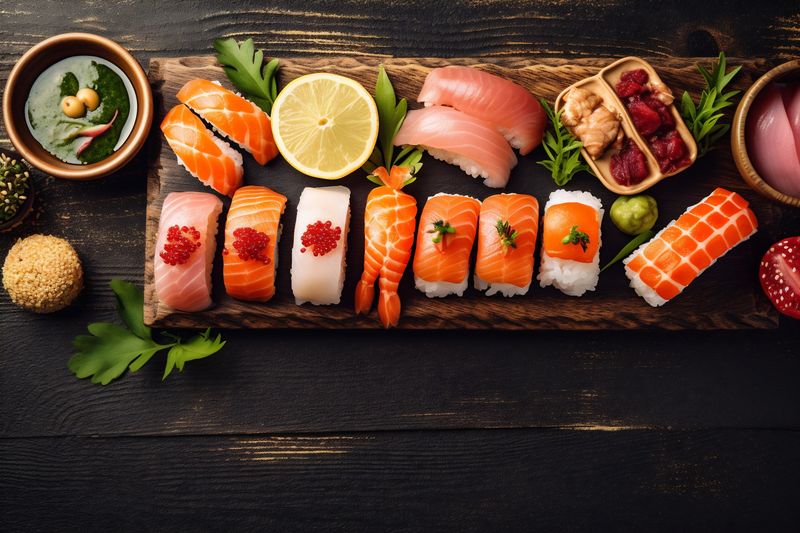 sushi rice food healthy roll fresh fish asian seafood japanese. Generative AI.