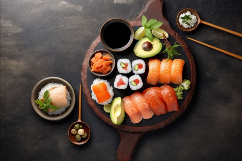 fresh fish food rice seafood sushi asian roll healthy japanese. Generative AI.