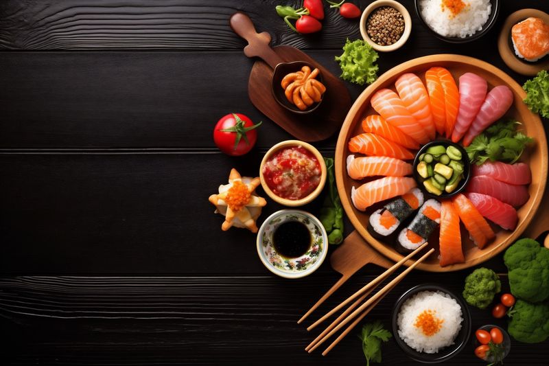 seafood rice asian japanese sushi roll healthy fish fresh food. Generative AI.