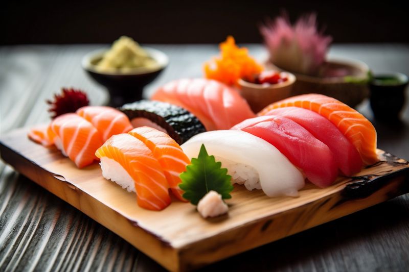 sushi seafood healthy food rice fresh asian roll japanese fish. Generative AI.