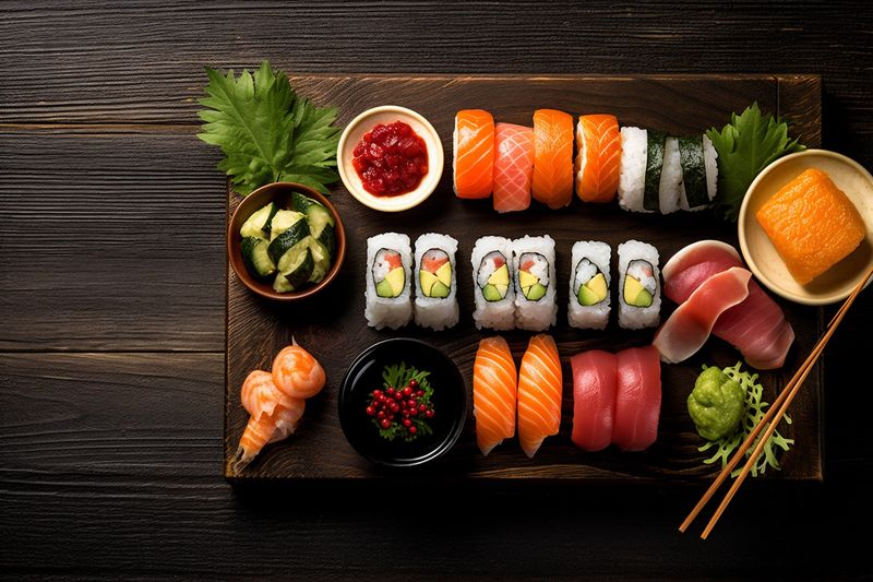 fish sushi food asian roll japanese healthy seafood rice fresh. Generative AI.