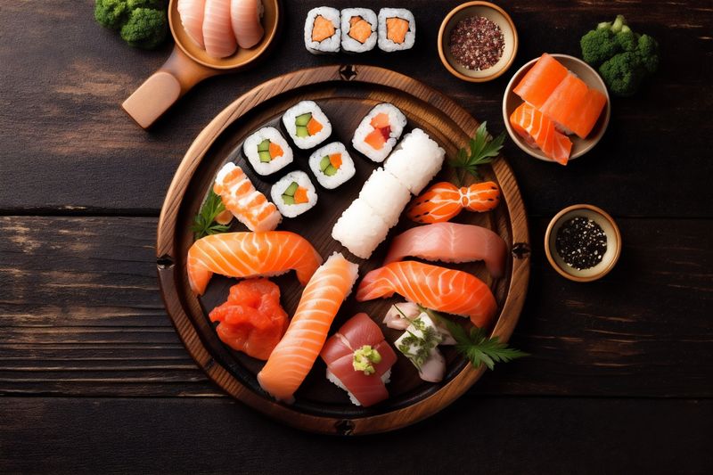 food japanese sushi fresh fish asian rice roll healthy seafood. Generative AI.