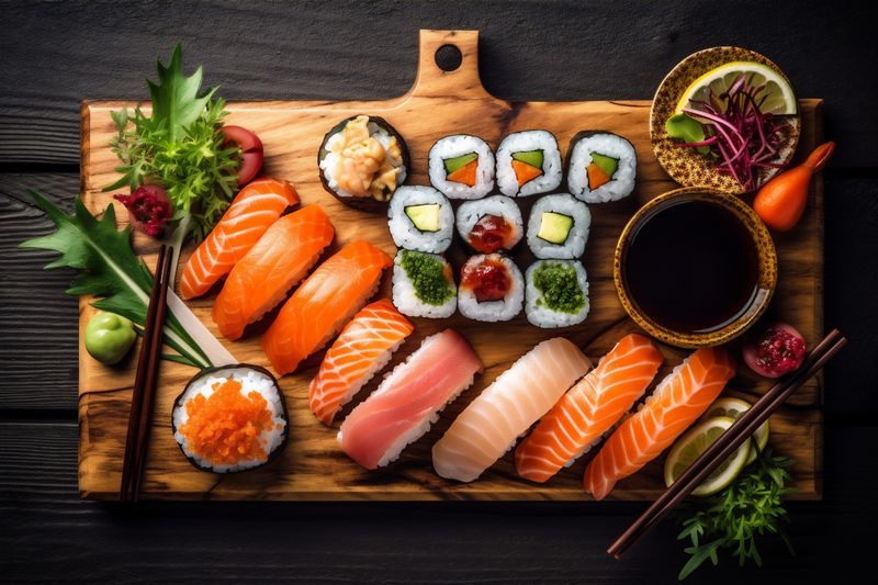 food rice fresh healthy fish asian roll sushi japanese seafood. Generative AI.