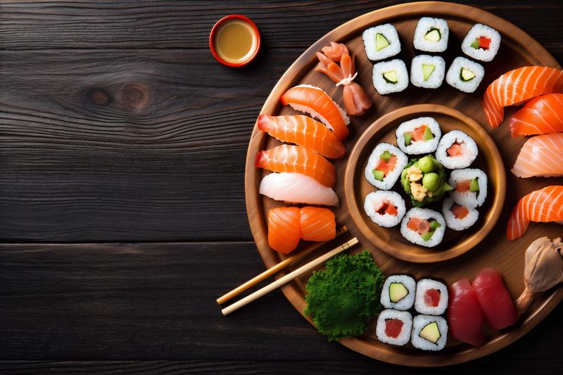 rice japanese seafood sushi healthy food fresh fish asian roll. Generative AI.