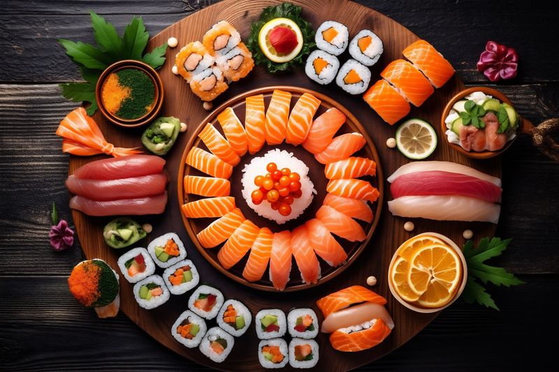 fresh sushi food asian roll japanese rice fish healthy seafood. Generative AI.