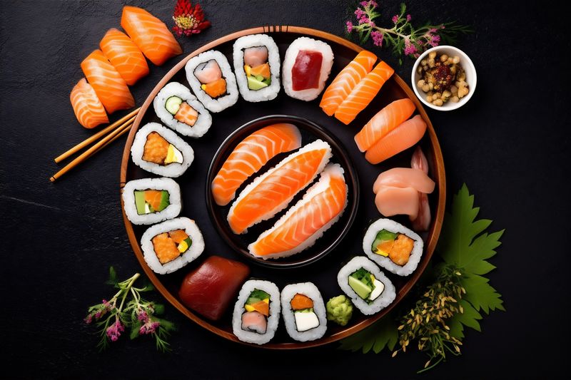 rice seafood roll asian fresh sushi healthy japanese food fish. Generative AI.