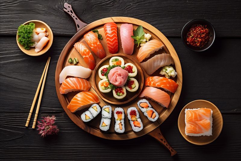 fresh sushi asian japanese fish healthy roll rice food seafood. Generative AI.