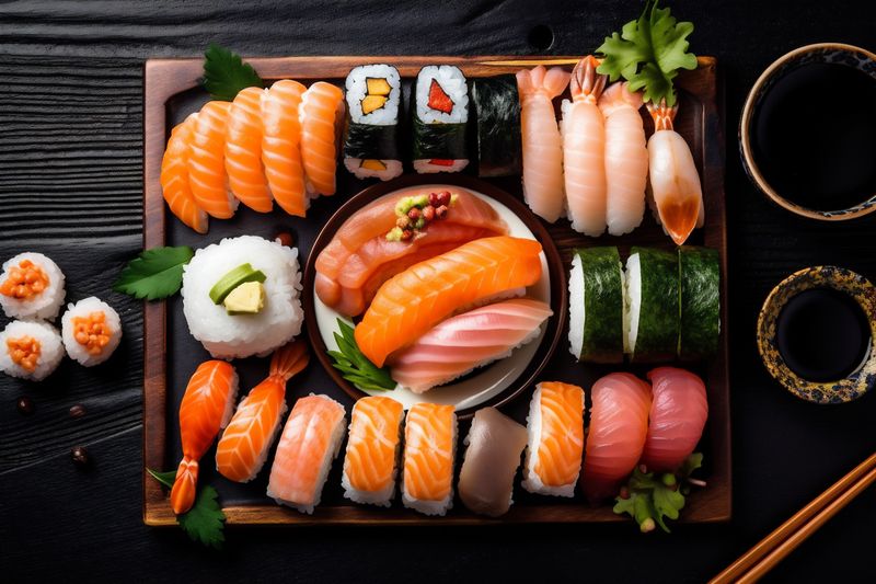 seafood asian rice food fresh sushi japanese roll healthy fish. Generative AI.