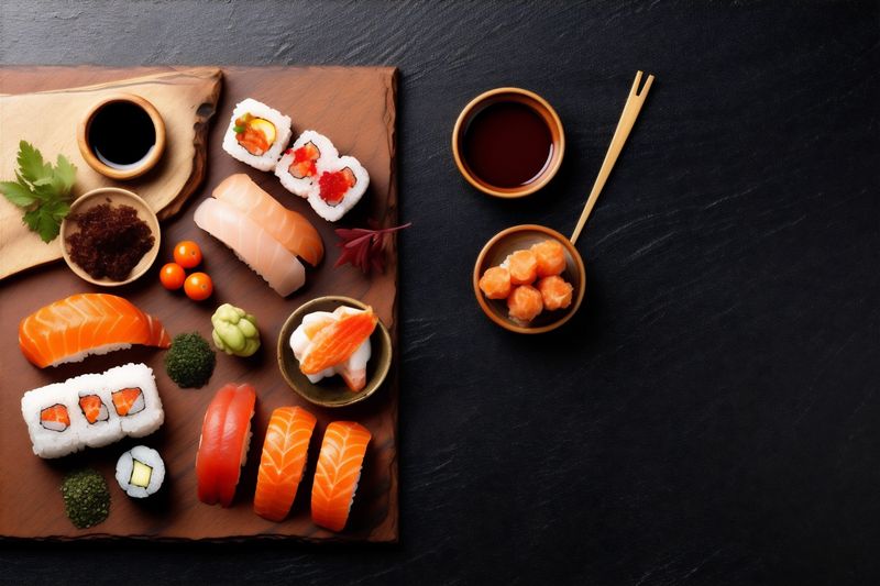 healthy fresh japanese sushi seafood rice asian food roll fish. Generative AI.