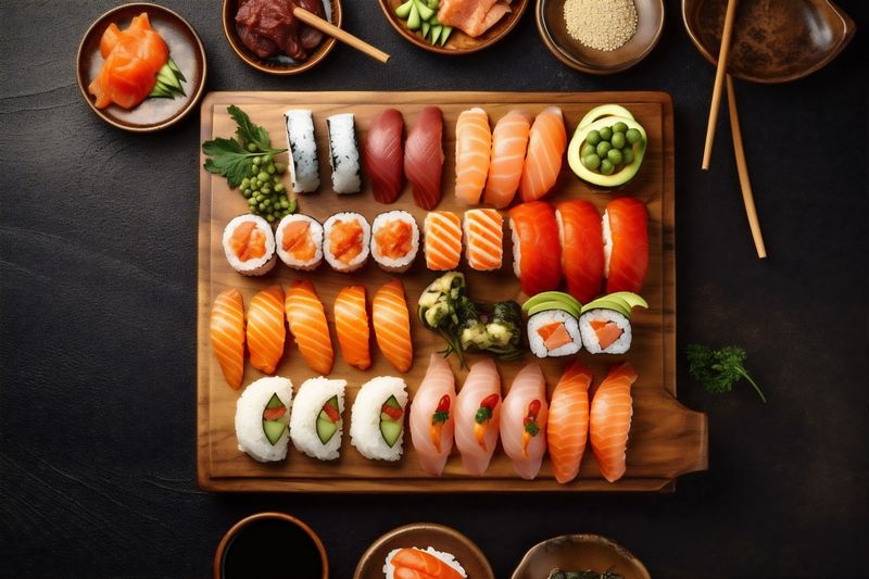 fresh seafood food fish asian roll japanese sushi healthy rice. Generative AI.