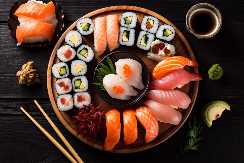 asian healthy fish roll seafood rice japanese fresh food sushi. Generative AI.