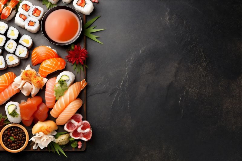 asian fresh seafood fish healthy japanese rice food roll sushi. Generative AI.