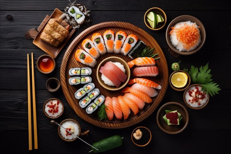 sushi rice fresh roll fish japanese seafood food healthy asian. Generative AI.