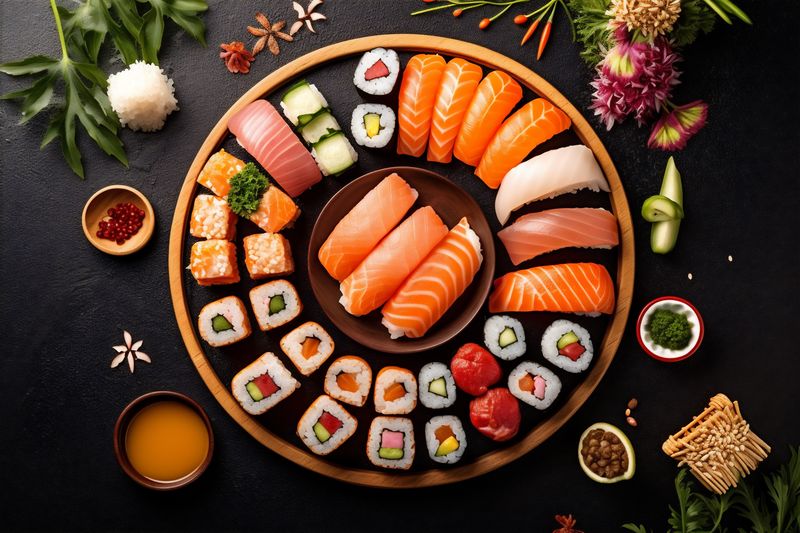 roll fish japanese sushi food asian fresh healthy rice seafood. Generative AI.
