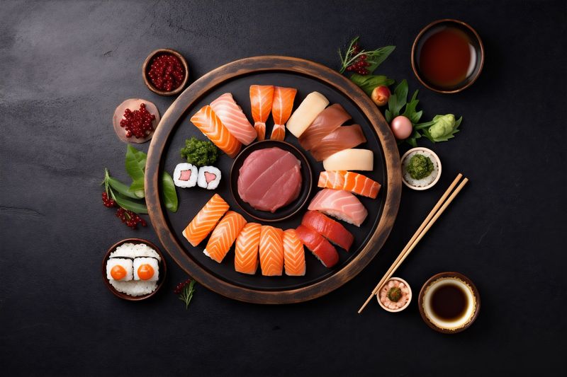 fresh seafood sushi rice fish healthy asian japanese food roll. Generative AI.
