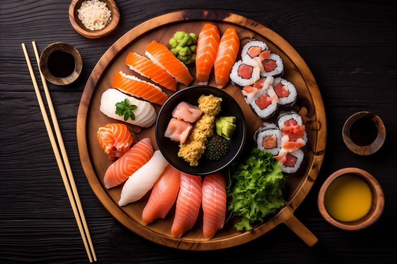 fresh food japanese asian roll seafood healthy rice fish sushi. Generative AI.