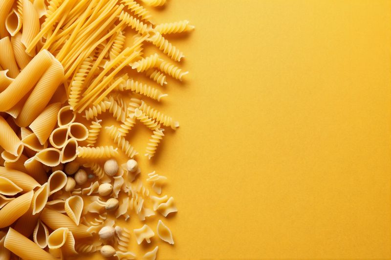 healthy background macaroni ingredient pasta food fresh italian uncooked raw spaghetti. Generative AI.