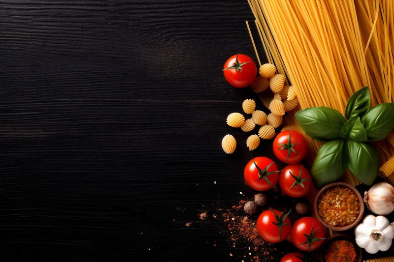 macaroni italian noodle ingredient pasta raw healthy food uncooked spaghetti background. Generative AI.