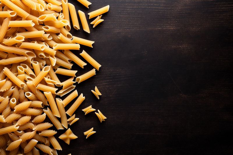 spaghetti uncooked macaroni italian raw pasta cooking ingredient background food healthy. Generative AI.