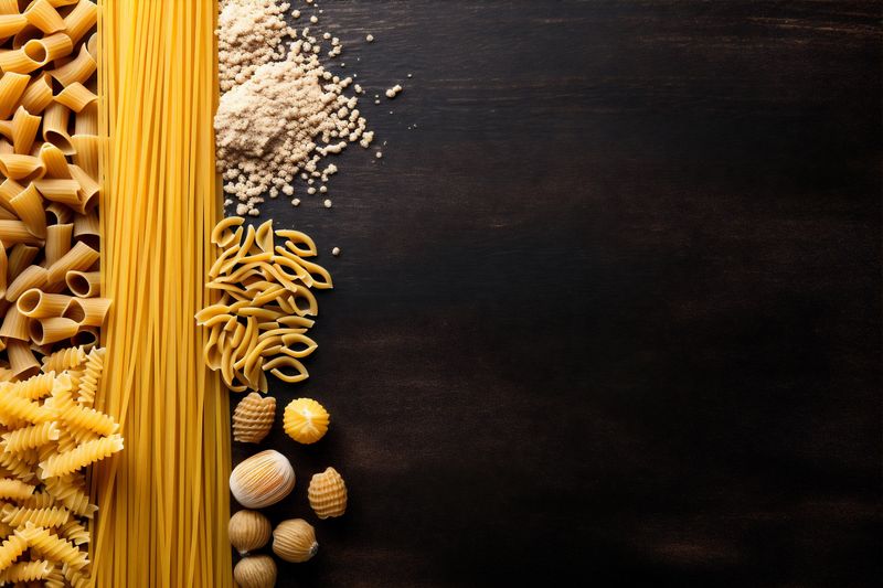 raw uncooked healthy pasta background macaroni italian spaghetti group food ingredient. Generative AI.