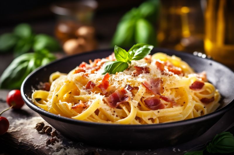 food italian spaghetti sauce cheese bacon meal meat pasta carbonara. Generative AI.