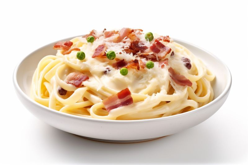 food italian meat cheese sauce meal spaghetti carbonara bacon pasta. Generative AI.