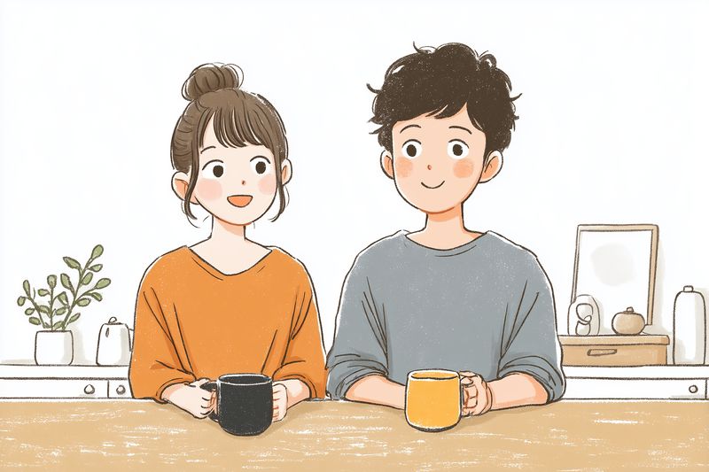 Hand drawn illustration of a young couple sharing a cozy moment at a kitchen counter, each holding a warm mug; soft pastel colors, simple home decor and gentle lines evoke everyday intimacy.