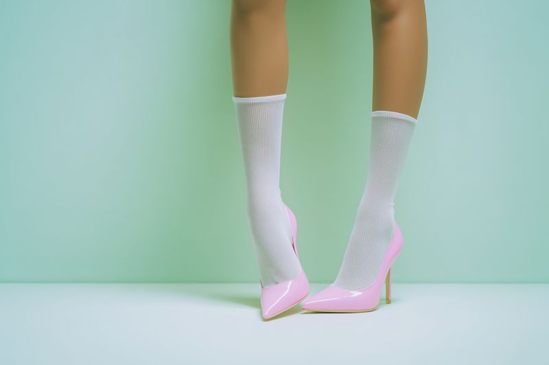 Stylish legs wearing sheer glitter socks and glossy pink high heels against a pastel mint backdrop, creating a playful retro fashion statement with feminine elegance, charm and attitude.