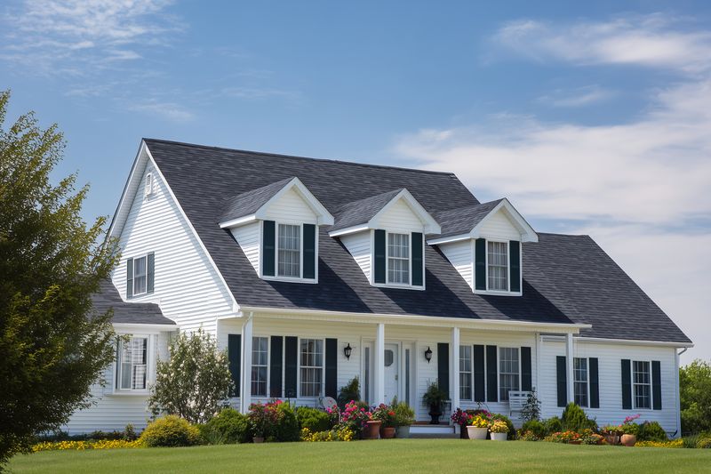 Bright white suburban house with a welcoming front porch, dormer windows and manicured lawn under a blue sky, surrounded by flowering shrubs and colorful potted plants.
