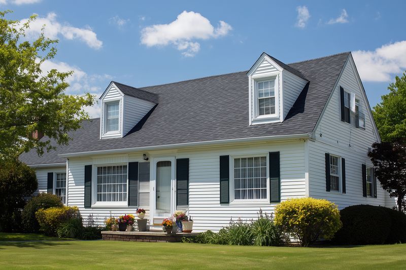 Bright sunny exterior of a classic white suburban house with dormer windows, dark shutters, well kept lawn and landscaped shrubs creating a peaceful residential curb appeal scene.