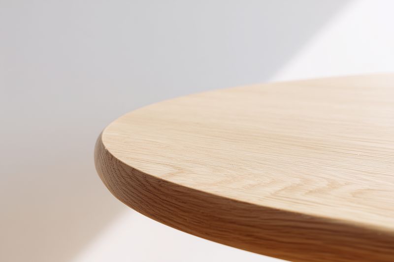 Minimal close-up of a round wooden tabletop edge bathed in soft natural light, highlighting grain texture, gentle curves and subtle shadow in a clean modern composition and neutral palette.