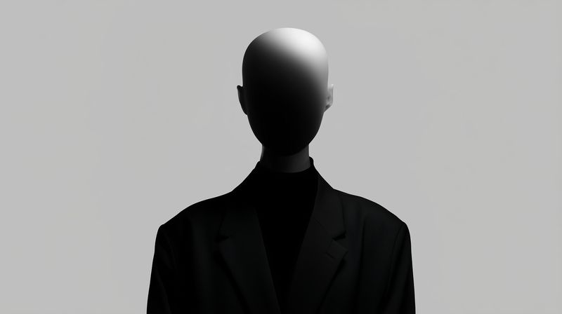 Minimalist monochrome portrait of a faceless mannequin dressed in a dark suit and turtleneck, dramatic lighting creates a stark silhouette and mysterious, cinematic studio atmosphere.