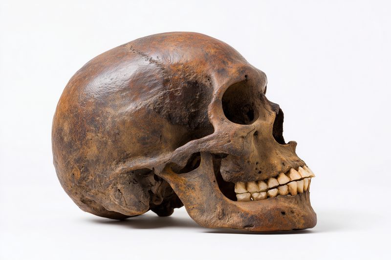 Close-up of an aged human skull on a white background, highlighting textured bone surface, teeth and cranial details for medical, scientific, educational, or artistic illustration use.