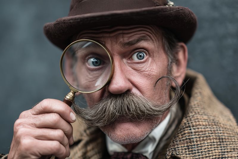 Close-up portrait of an elderly man with a large handlebar mustache examining the camera through a magnifier, wearing a vintage hat and tweed coat, dramatic lighting.