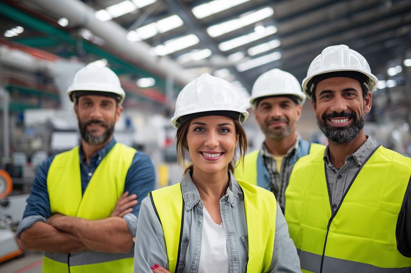 Smiling team of industrial workers wearing hard hats and high visibility vests standing together in a factory, showcasing teamwork, safety and confidence on the shop floor.