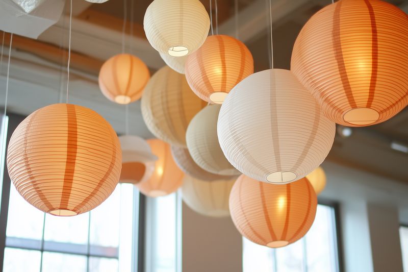 Warm paper lanterns hang from ceilings in a modern interior, casting soft ambient light and creating a cozy, elegant atmosphere suitable for events, parties, or decor.