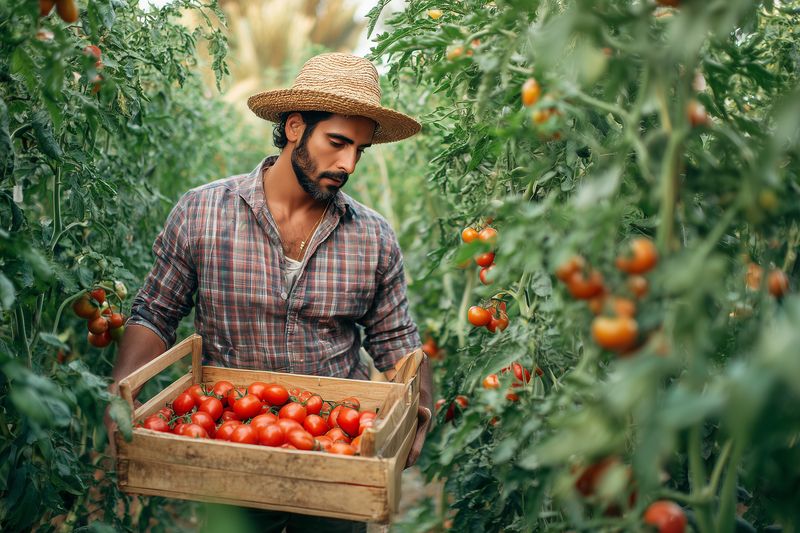 A farmer harvests ripe red tomatoes in a lush greenhouse, carrying a wooden crate filled with fresh produce while wearing a straw hat and plaid shirt and inspecting green vines.