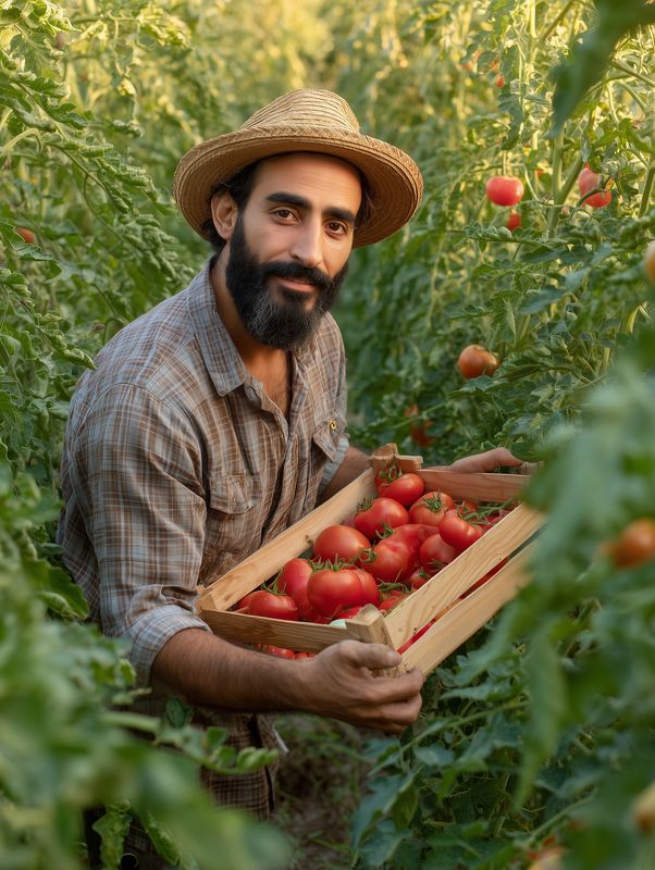 A bearded farmer wearing a straw hat harvests ripe red tomatoes in a lush tomato field, holding a wooden crate full of fresh organic produce among green foliage rows.