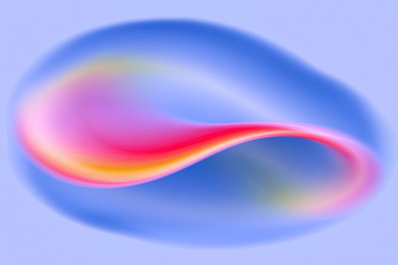 Abstract soft fluid form with vibrant gradient colors blending pink, red, yellow and blue across a smooth pastel background, evoking dreamy motion, modern elegance and visual harmony.