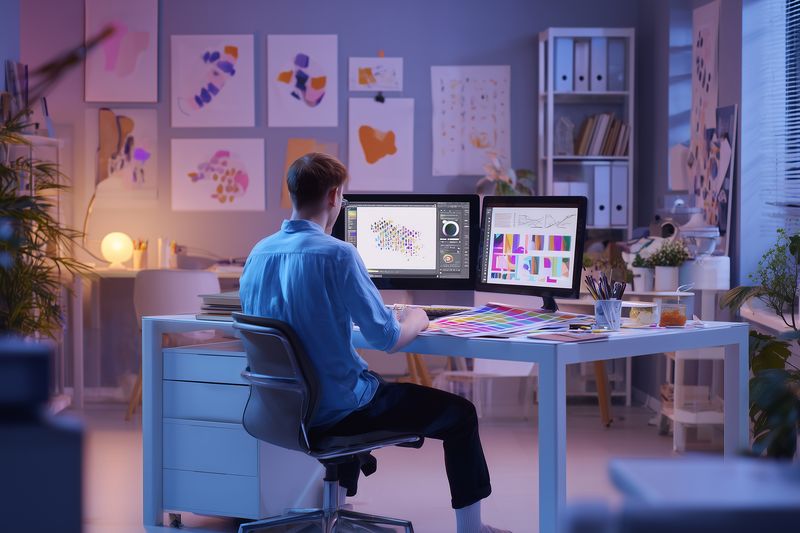 Creative designer working in a cozy studio at a desk with dual monitors, color swatches and art prints on the wall, editing vibrant digital graphics and layouts.