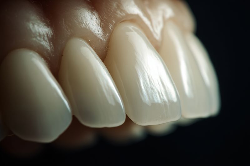 Close-up macro photograph of dental veneers showing smooth enamel surfaces and natural gum texture, highlighting tooth shape, translucency, and glossy finish for dentistry and dental care concepts.