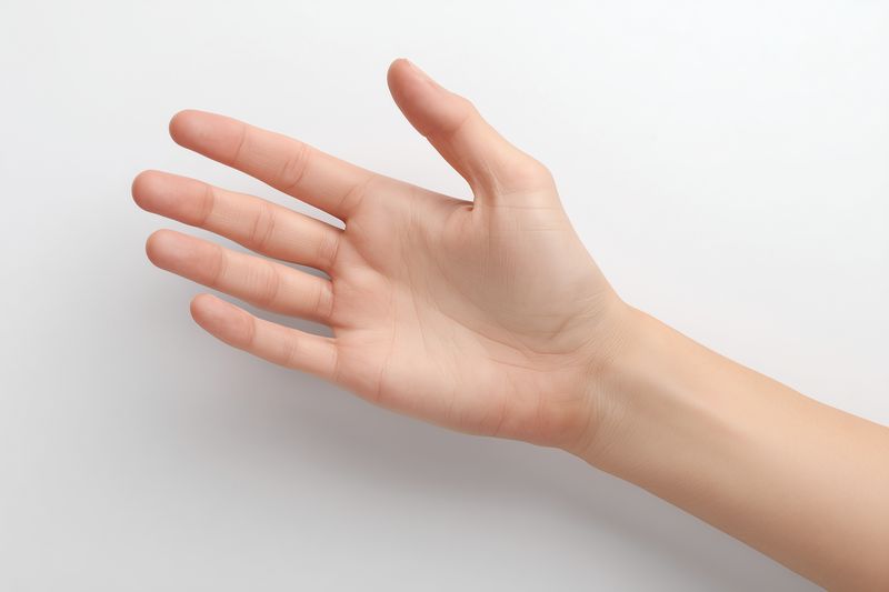 Close-up of an outstretched human hand with the palm facing up against a plain white background, displaying natural skin texture, relaxed fingers, subtle wrist details and soft lighting.