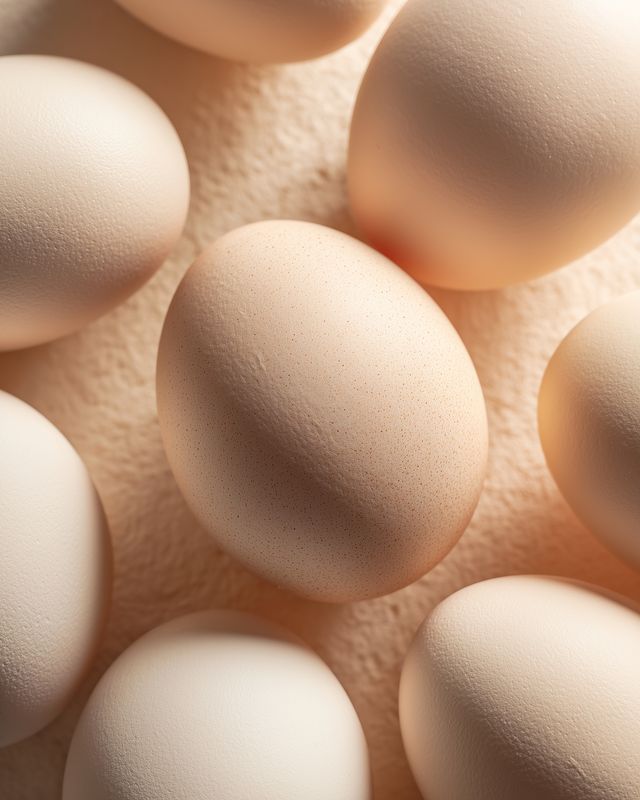 Close-up still life of fresh eggs arranged on a textured surface, highlighting smooth shells, warm neutral tones and soft natural light for culinary and food concept imagery.